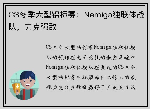 CS冬季大型锦标赛：Nemiga独联体战队，力克强敌